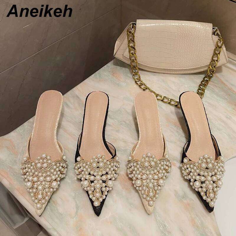 Aneikeh Spring/Autumn Fashion Sexy Women Shoes Elegant String Bead Crystal Patchwork Slip-On 35-42 Thin Heels Slipper NEW 2025