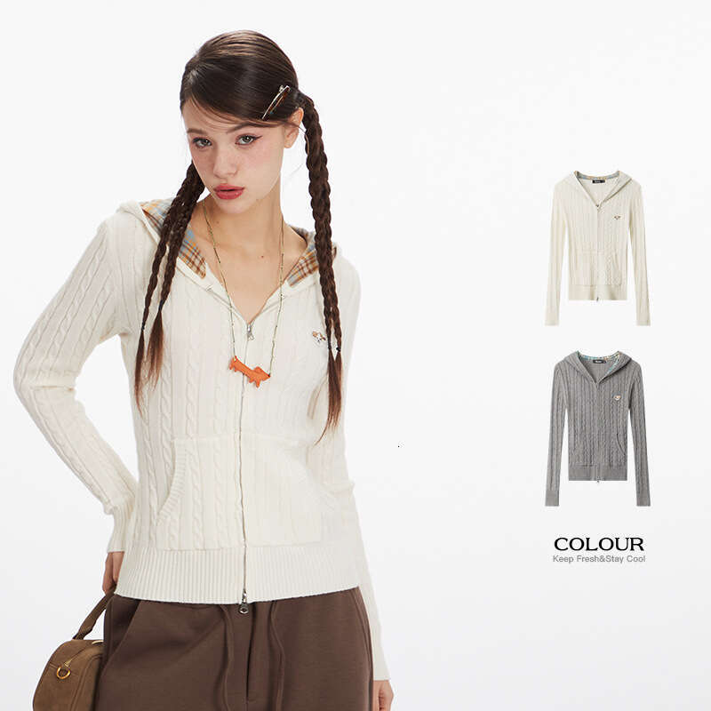 Heyhenry Hooded V-Neck Cable Knit Casual Hot Girl Slim Fit Long Sleeve Zipper Cardigan Short Top For Women B5