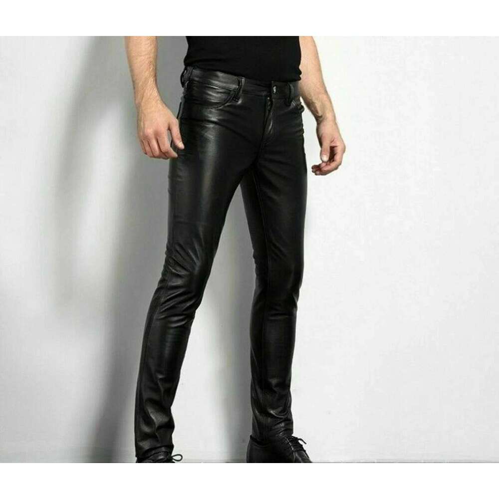 Fashion Rock Style PU Night Club Dance Pants Men's Faux Leather Slim Fit Skinny Motorcycle Trousers