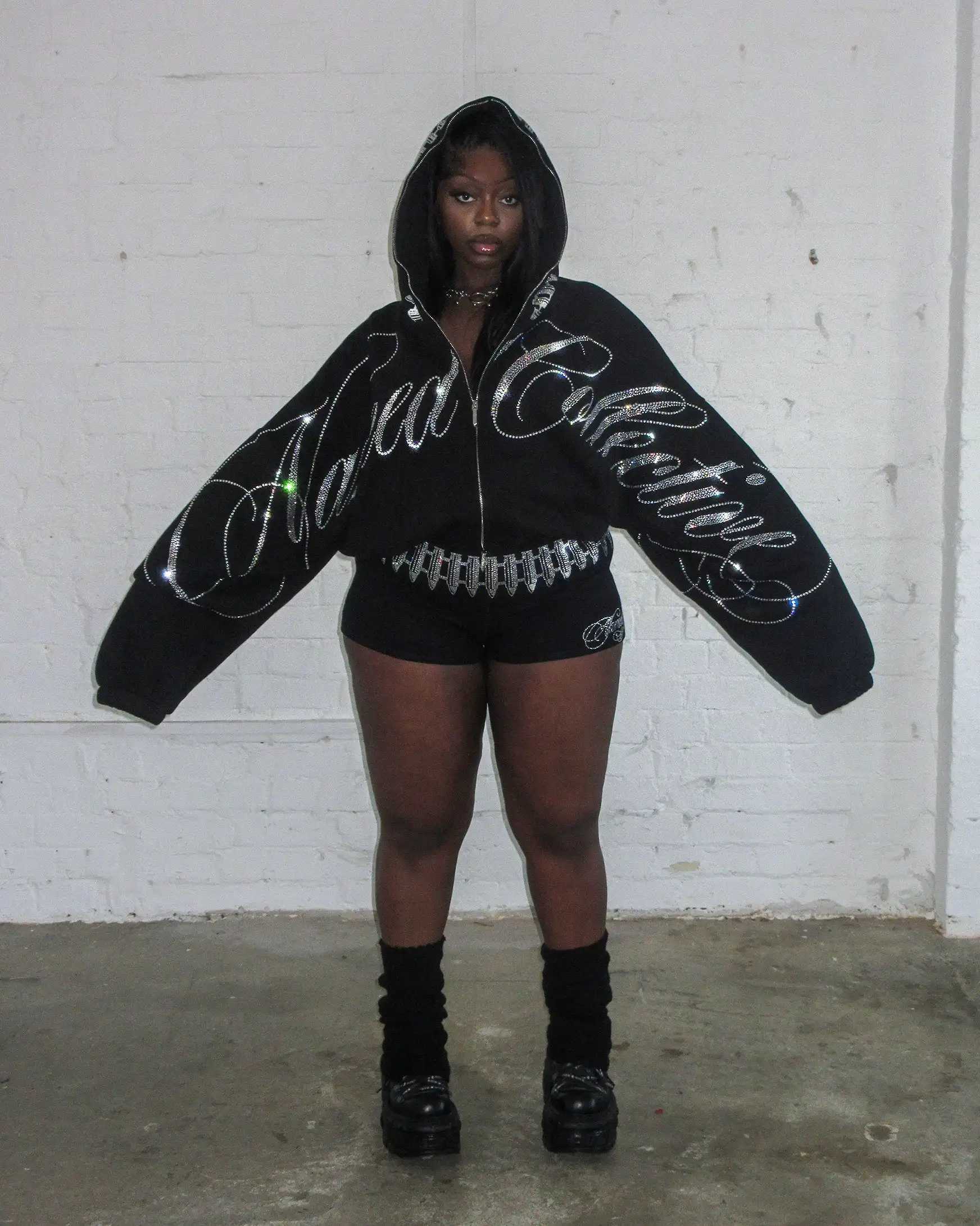 Hip Hop Letters Shine Rhinestone Oversized Zipper Sweatshirt Casual Jacket Vintage 2000s Cropped Y2K Womens Hoodie C260120