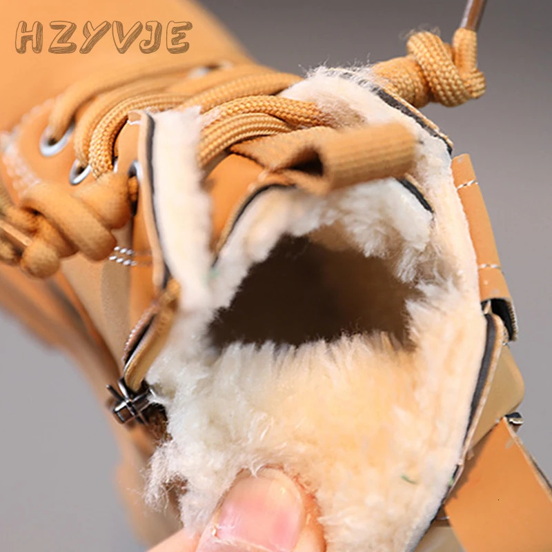 Childrens Fashion Boots Winter Thickened Boys Girls Anti Slip Warm Leather Side Zipper Solid Color Kids Casual Shoes 250906