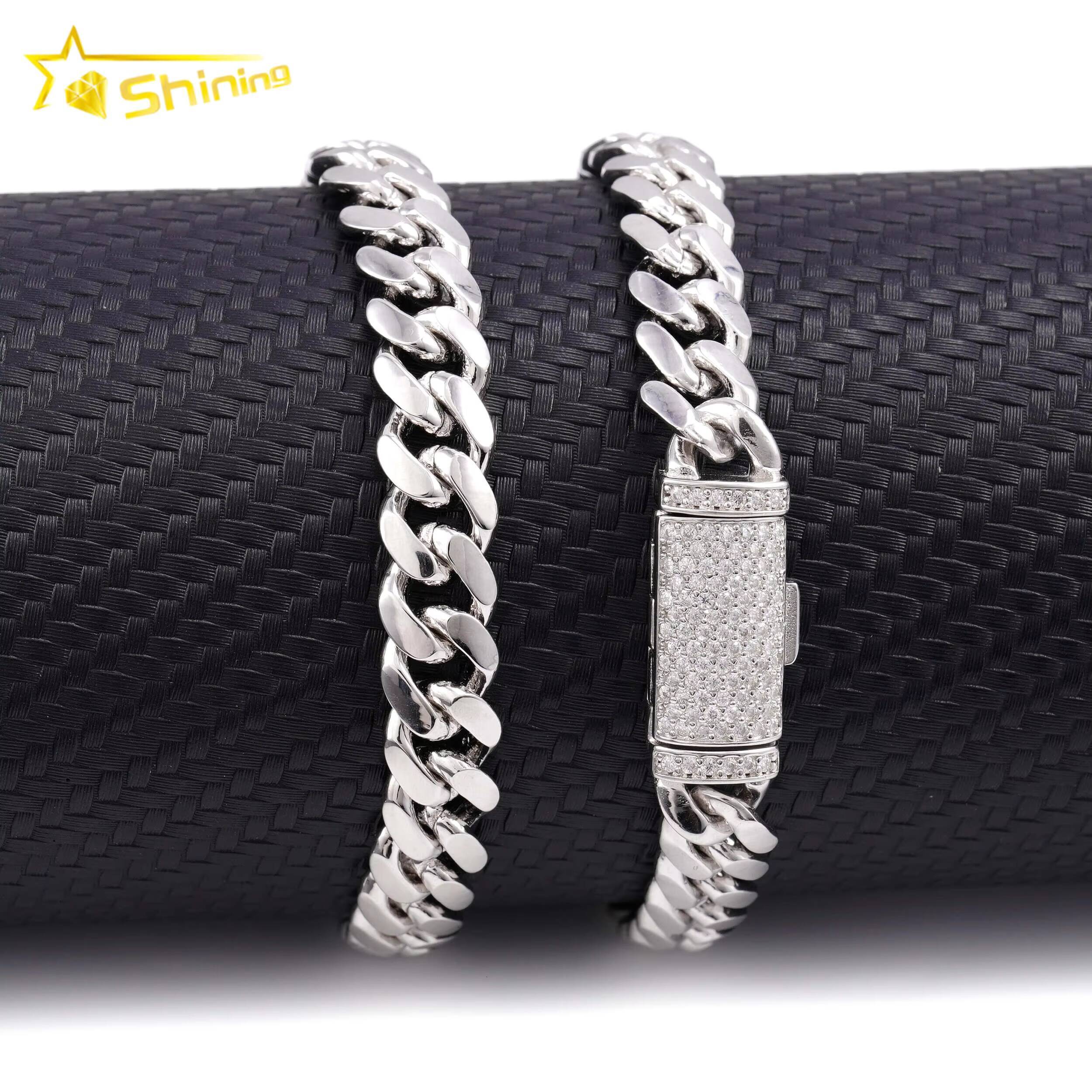 Wholesale 8MM Diamond Moissanite Lock Hip Hop 925 Silver Plain Miami Cuban Link Chain Bracelet