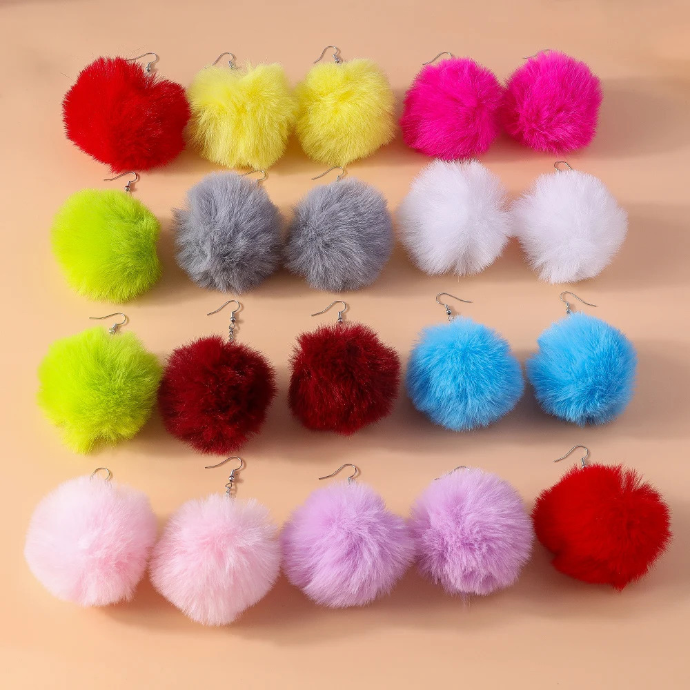 Aihua Colorful Fluffy Fur Pom Earrings Soft Faux Rabbit Fur Ball Earrings for Women Kids Jewelry Gifts 250818