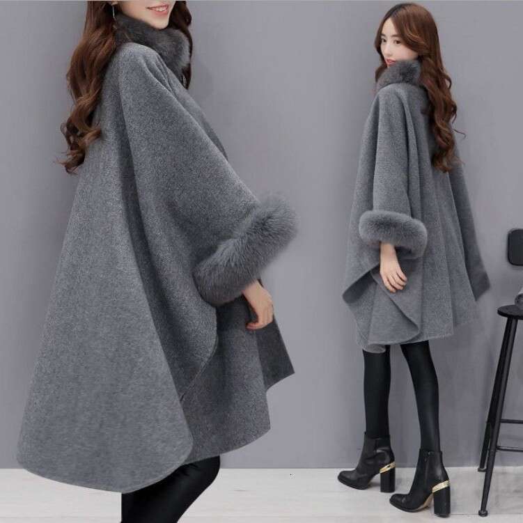 Elegant Women Cape Coat Batwing Sleeve Faux Fur Cuff Lady Pure Color Simple Cape Coat