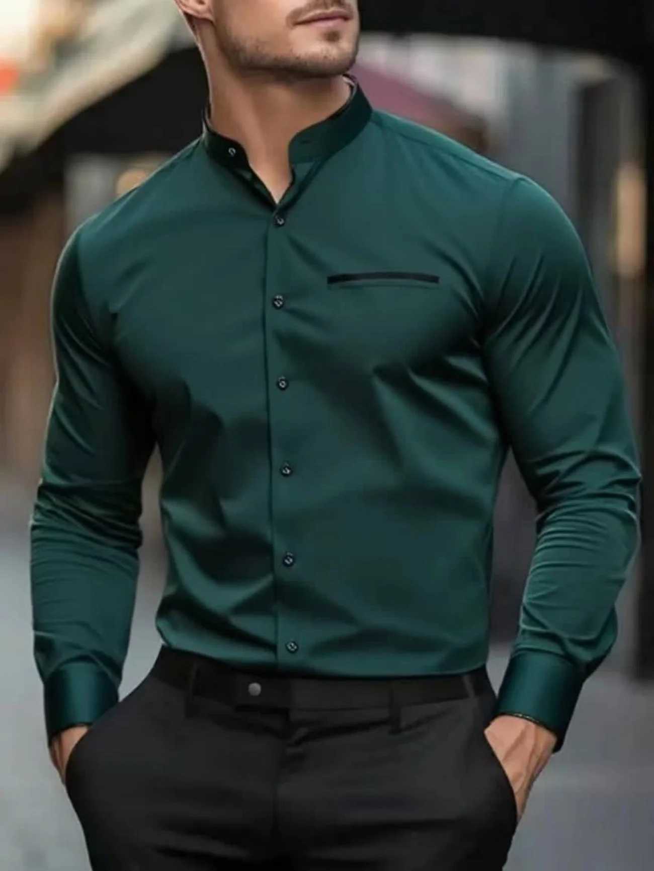 New mens long-sleeved shirt - solid color shirt - fashionable high-quality mens top - blue white pink green red - business Y250819