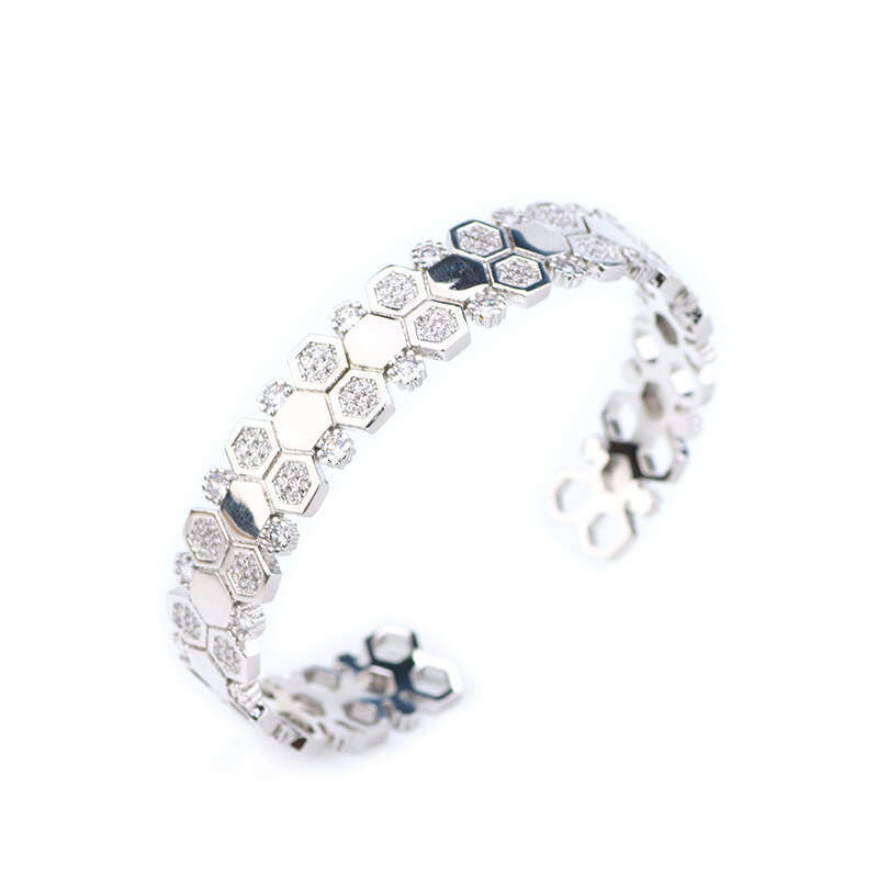 Exaggerated Geometric Jewelry Simple Micro Pave Zircon Honeycomb Hexagon Bracelet Ring Set Direct Sale
