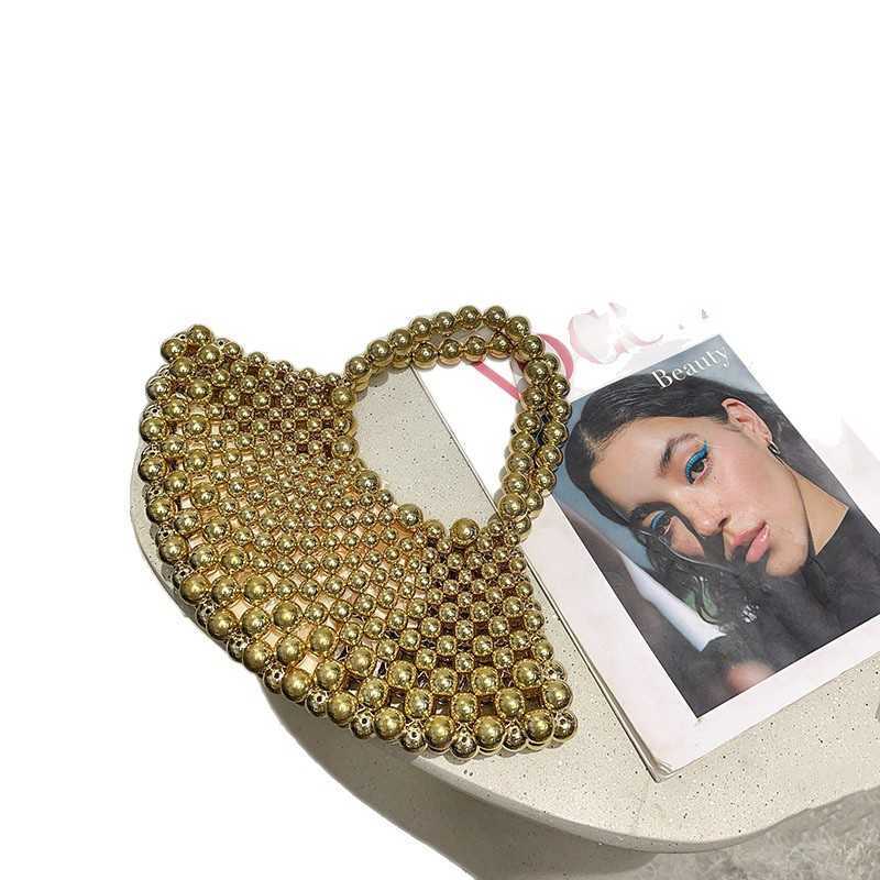 Golden High-End Niche Handbag Fan-Shaped Beaded Bag for Women Hot-Selling New Crossbody Handmade Hollow Evening Bag