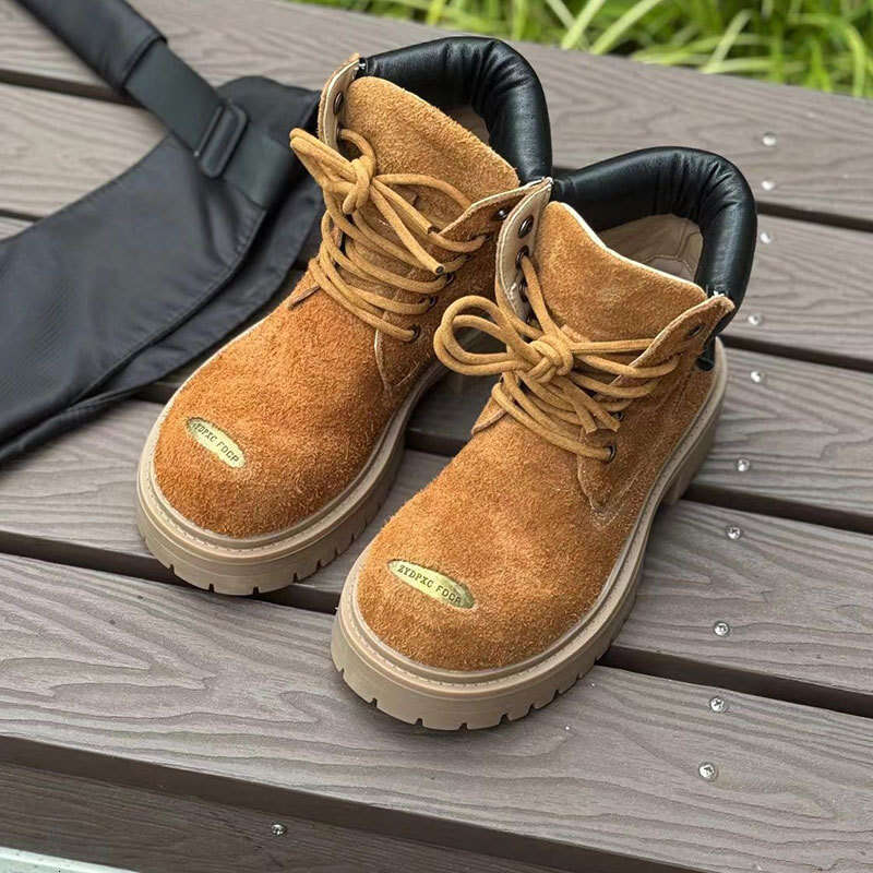 British Style Chunky Mid-Cut Martin Outdoor Casual Leather Shoes Unisex Work Boots Couple Thick Sole Height Increasing