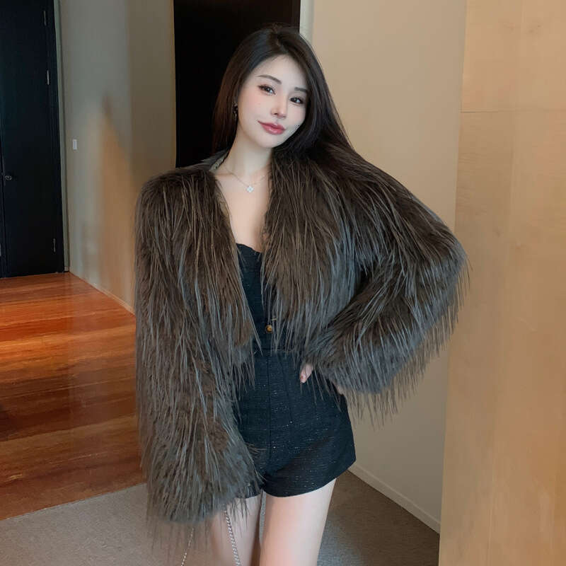 Casual Tassel Faux Fur Coat Clothes Female Patchwork Solid Scoop Neck High Street Long Sleeve Jacket Women Fur Feather New