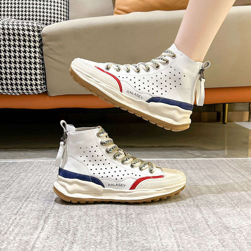 2025 New Genuine Leather High-Top for Women Summer Fashion Hole Ins Versatile Breathable Casual Women's Shoes