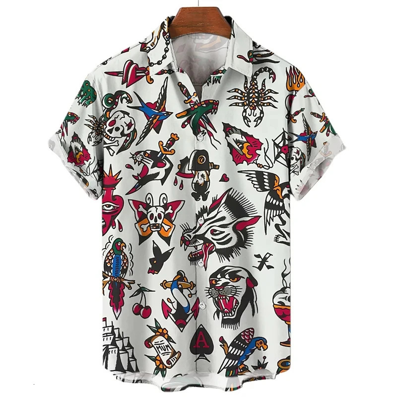 3D retro digital printed mens lapel short sleeved shirt 250808