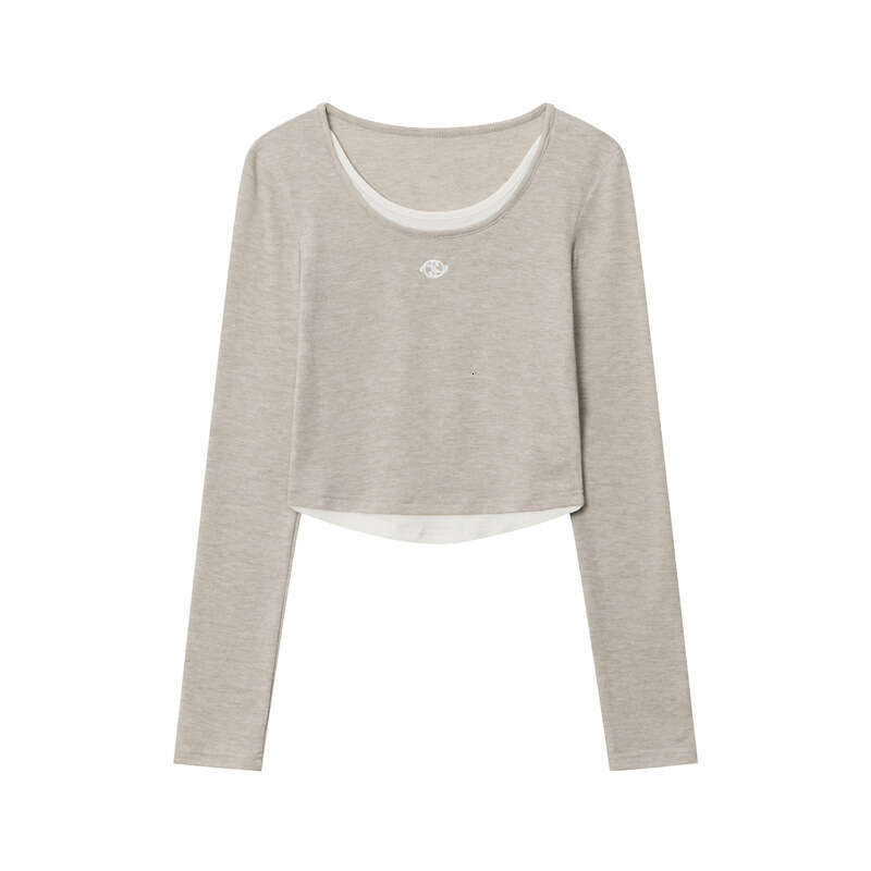 Heyhenry Cotton Embroidery Long Sleeve T-Shirt For Women Fake Two-Piece Student Crop Short Style Hot Girl Pure Desire Top B5