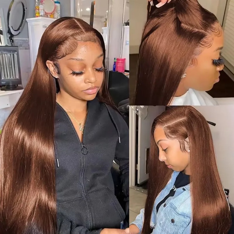 Chocolate Brown Colored Gluelesss 13x4 HD Lace Front Human Hair Wigs High Density Hd Transparent Lace Raw Indian Straight Human Hair Frontal Wigs