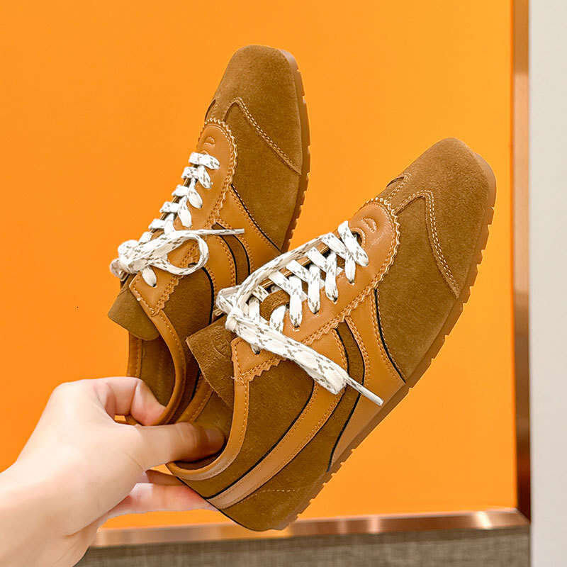 Cowhide Brown Forrest Gump Training for Women Genuine Leather Versatile Lace-up Sneakers Flat Sports Running Casual Shoes