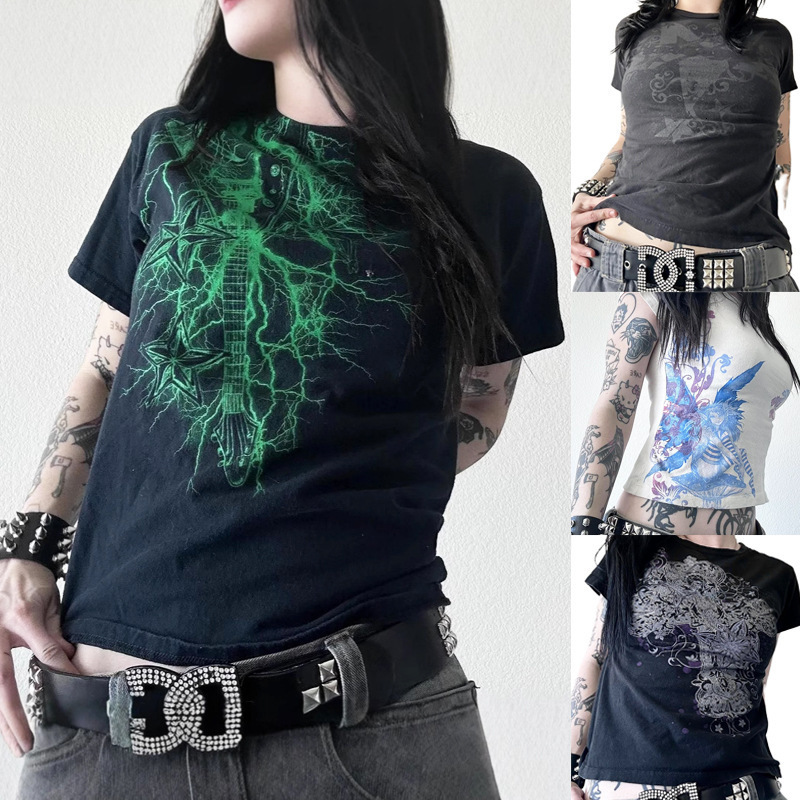 Vintage Graphic Skull Print T-shirts Y2K Cyber Aesthetic Tops Patchwork Long Sleeve Tee Gothic Grunge Emo Alt Clothes Streetwear 240810