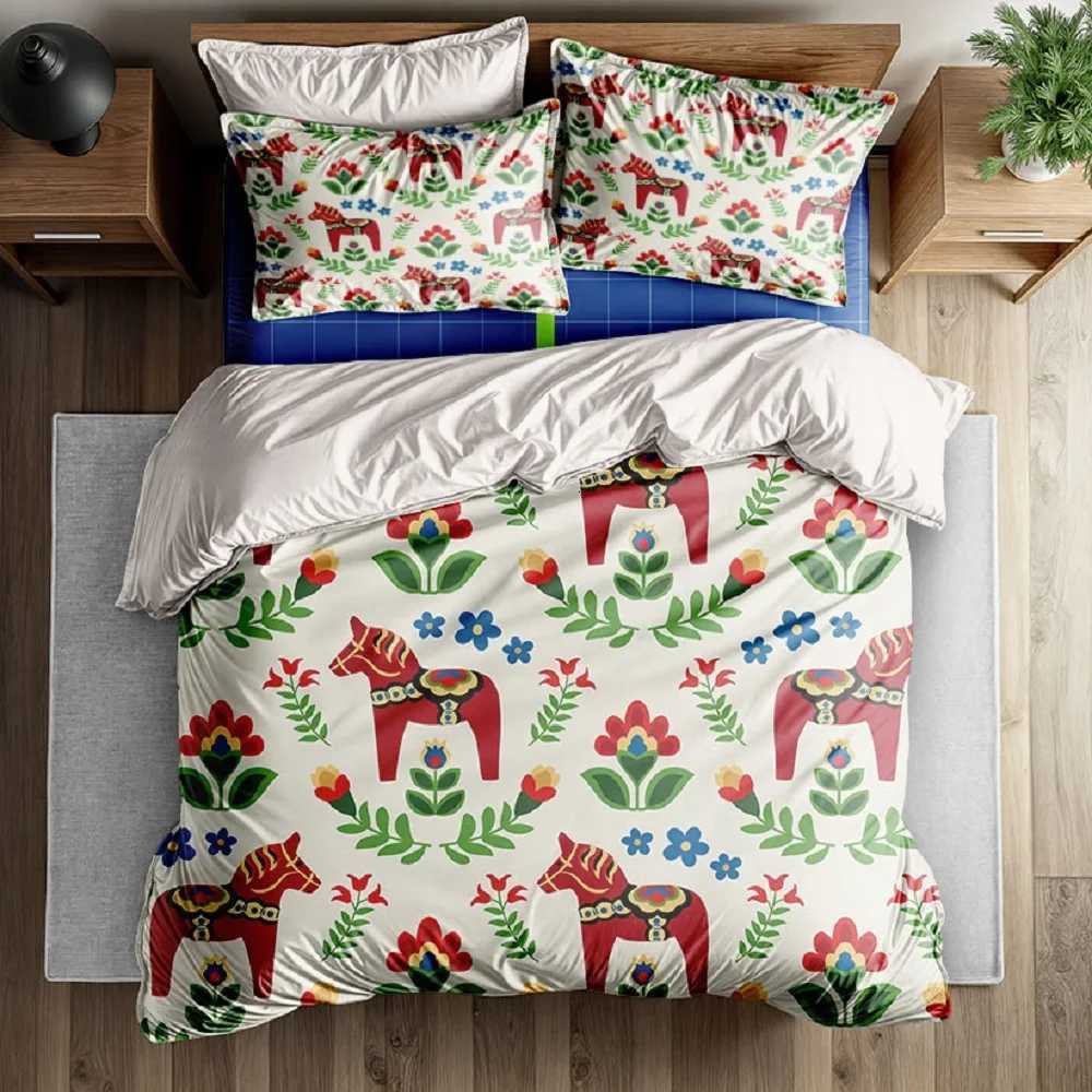 Swedish Dala Horses Duvet Cover Set EU Single Double King US Twin Full Queen Size Bed Linen Set Y250819