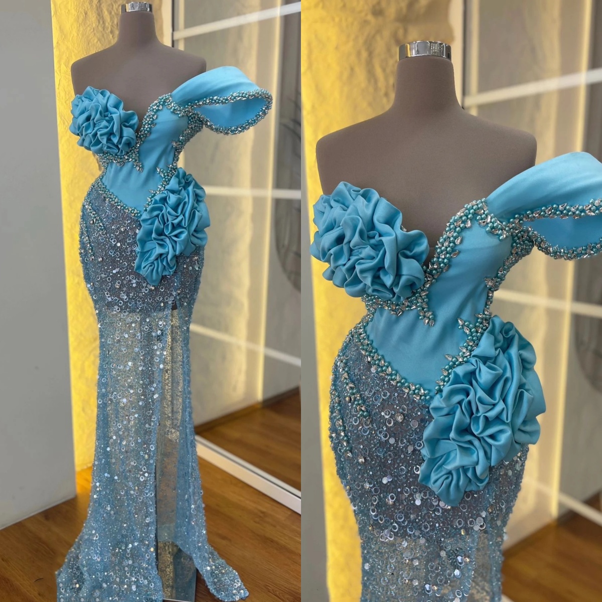 Sexy One Shoulder Beaded Mermaid Evening Gown Sleeveless Ruffles Sequined Prom Dress Illusion Side Slit Party Gown Customized