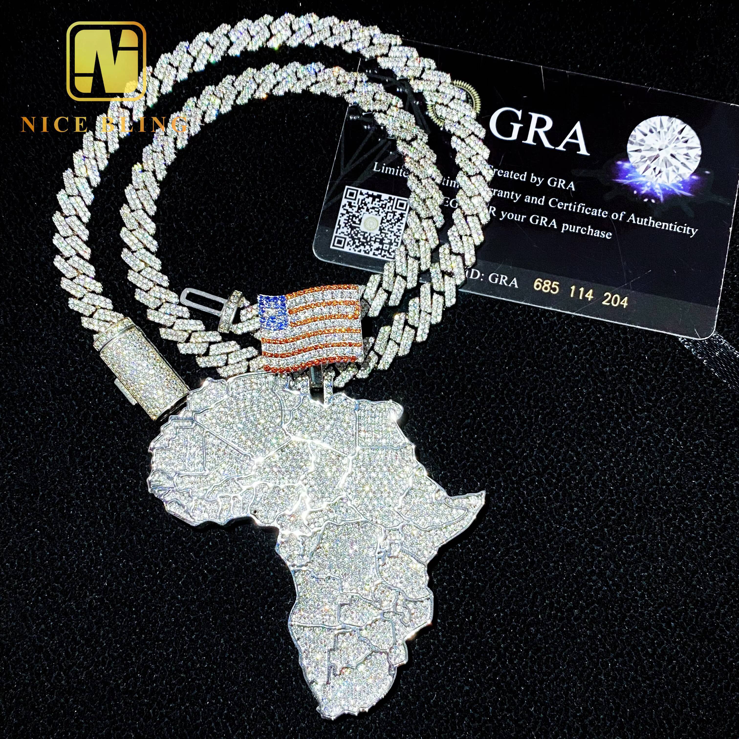 Hip Hop Style Large Africa Map Custom Iced Out Big Moissanite Diamond 925 Silver Pendant for Men Moissanite Pendant