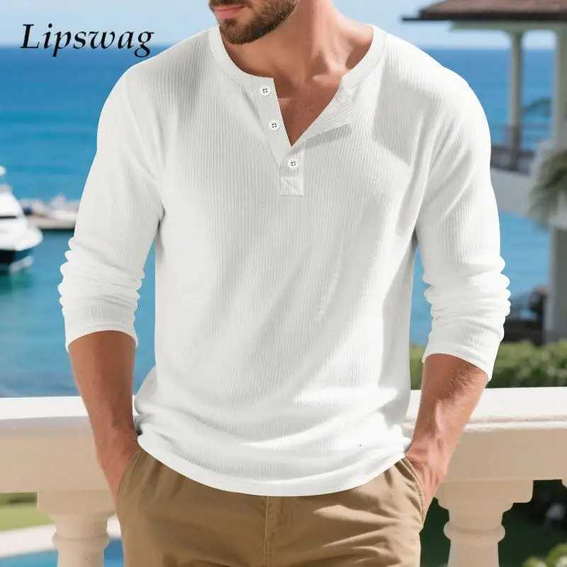 Stylish Mens Long Sleeve Henley Shirts Spring Autumn Daily Casual Solid Color Pullover Tops Mens Fashion Texture Ribbed T Shirt Y250819