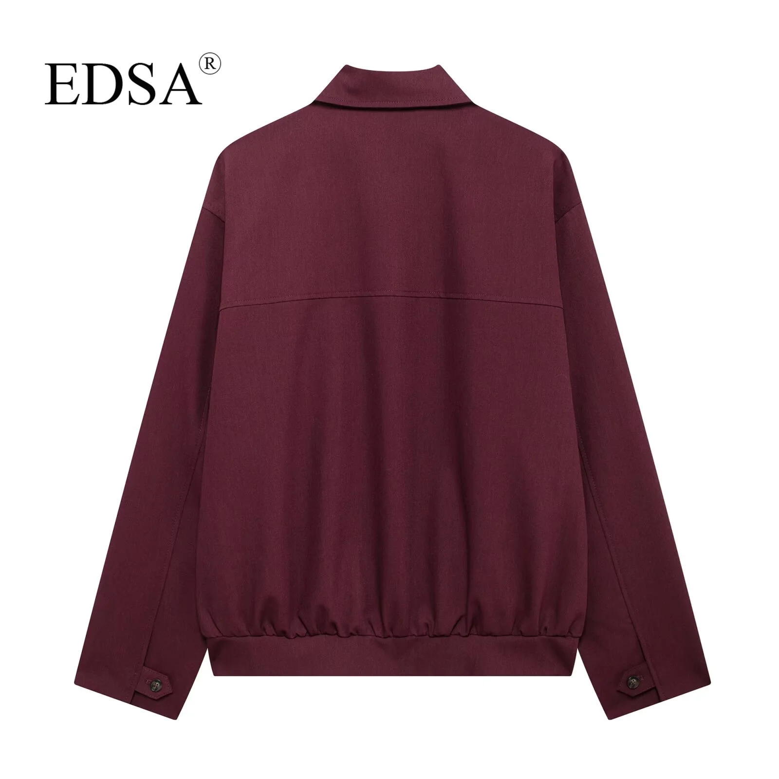 EDSA Women Vintage Loose Zipper Jacket Lapel Burgundy Color 2024 Autumn Fashion Versatile Street Outwear 250815