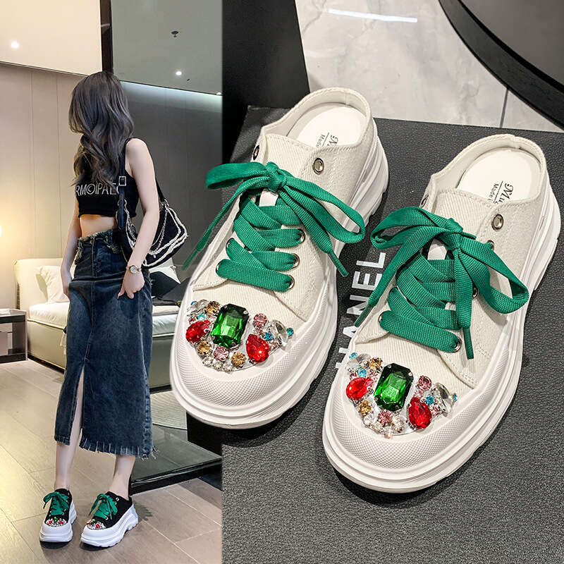 2023 New Women's Closed-Toe Half Slippers Versatile Fashion Thick-Soled White Korean Style Breathable Casual Canvas Shoes