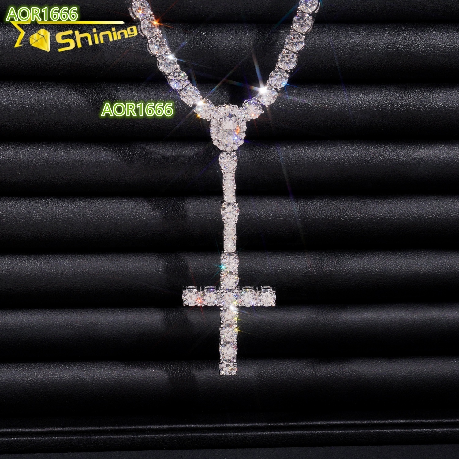 New Arrival Hot Sell Iced Out 5MM Width 925 Sterling Silver VVS Moissanite Rosary Cross Tennis Chain Necklace