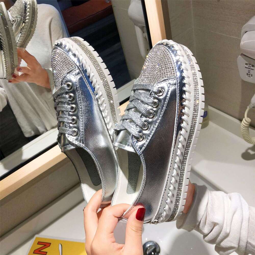 Plus Size White for Women Classic Old Style Diamond-Studded Platform Thick-Soled Loafers Sequin Trim Fashionable Women's Sneakers