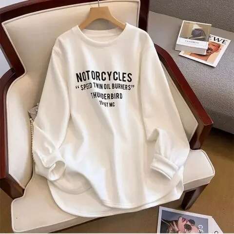 Brushed Fleece Sweatshirt for Women, Autumn and Winter New Mid-Length Style, Paired Shark Pants, Top with German Velvet Long Sleeve T-Shirt, Base Shir