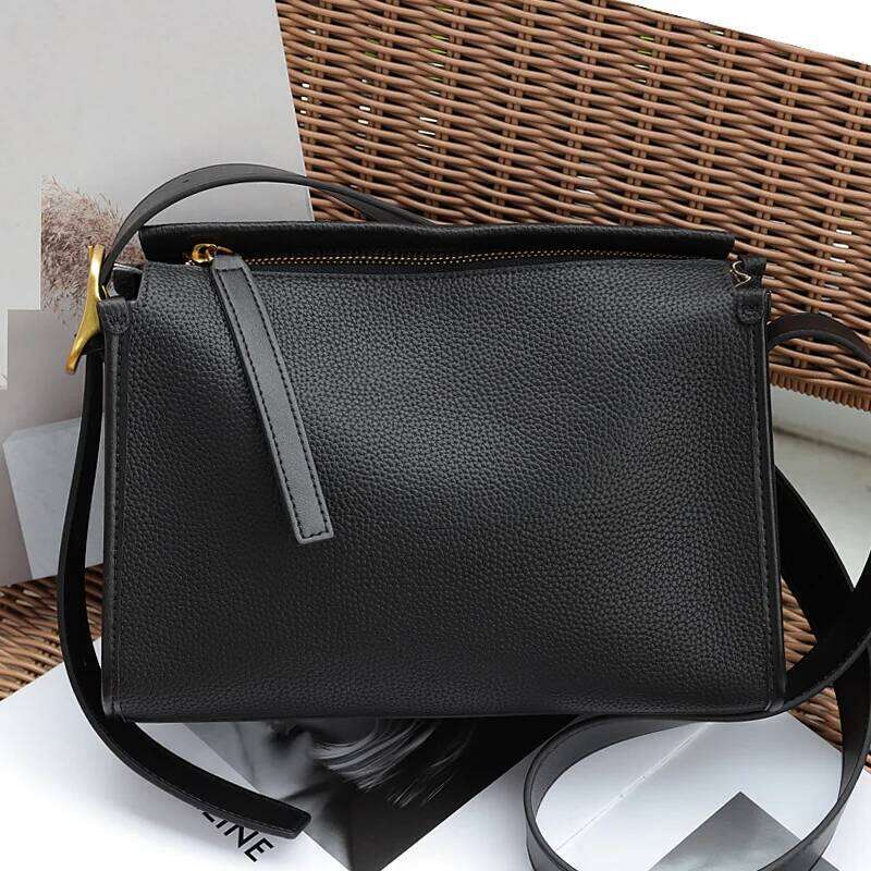 Genuine Leather Women's Crossbody Black Bags Designer Cowhide Wide Shoulder Straps Pillow Bag Ebony Gray