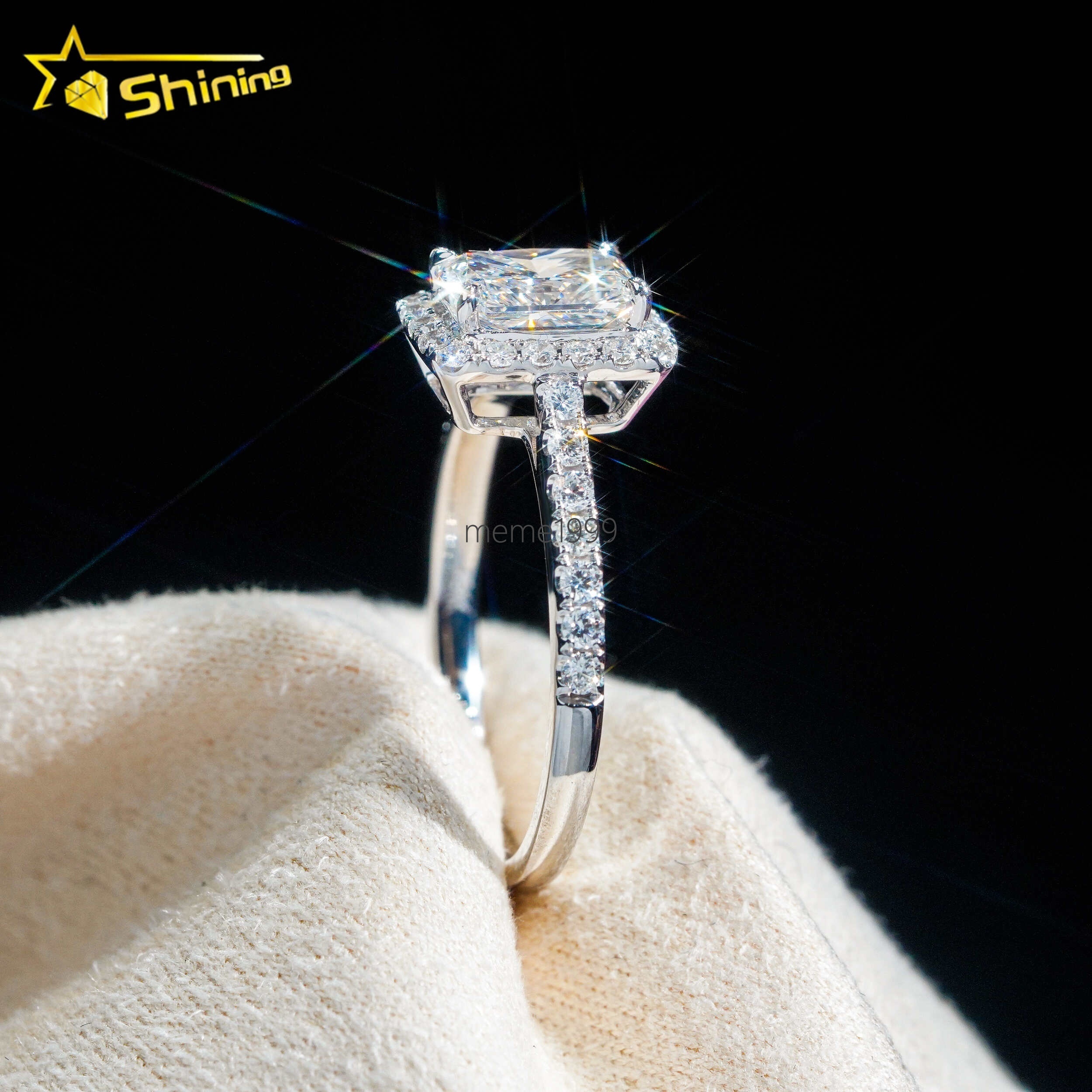 Emerald Cut Halo Half Iced Band 1ct VVS2 Lab Grown Diamond CVD Engagement Ring 18K Solid Gold Wedding Rings
