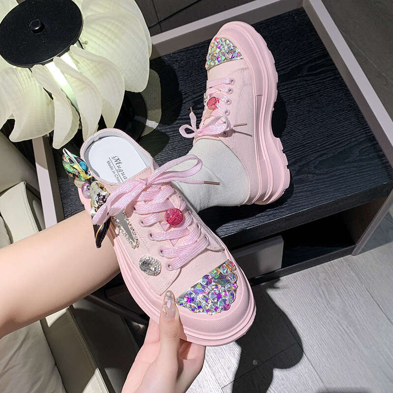 2023 Summer New Fashion Women's Lace-up Casual Slippers Versatile Mid-Heel Breathable Rhinestone White Shoes