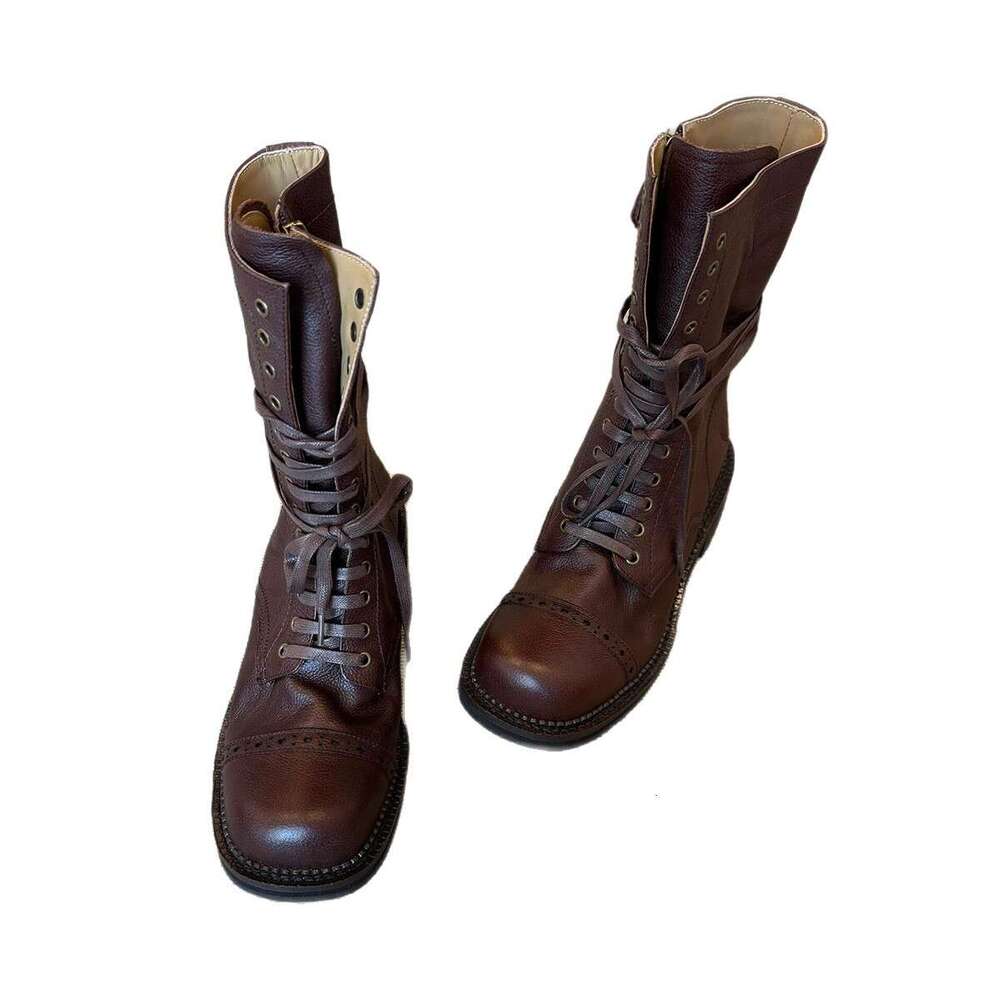 Cowhide Version~ Thick-Soled Martin for Women 2024 New British Style Melad Mid-Calf Brown Short Boots
