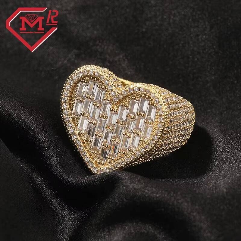 Full Iced Chunky Heart Shaped Moissanite Ring 925 Silver Icy Baguette Moissanite Diamond Hip Hop Ring for Women