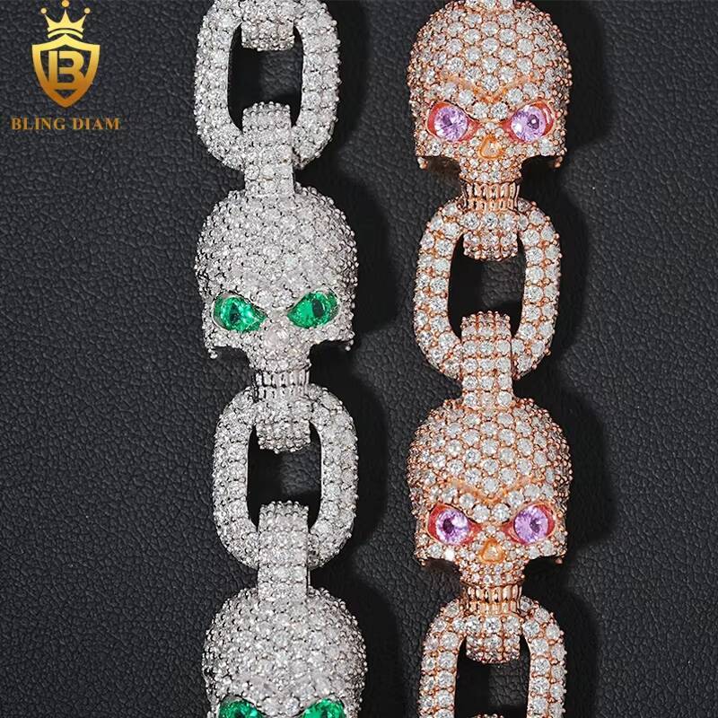 14.6mm Hip Hop Jewelry Skull Cuban Link Chain 925 Sterling Silver VVS Moissanite Iced Out Bracelet Necklace