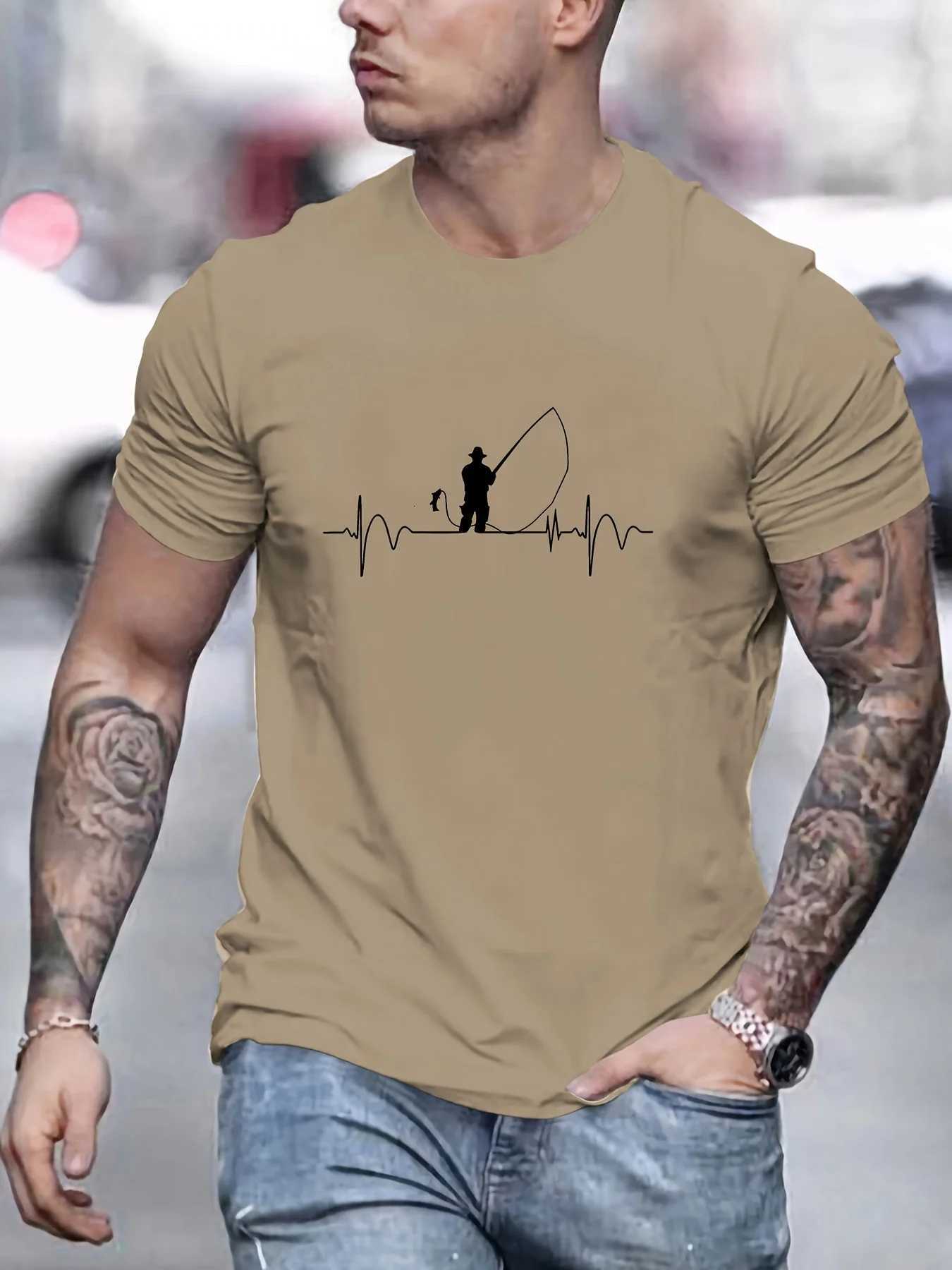 Man Short Sleeve T-shirt Fisherman Print Summer Breathable Streetwear Oversized O-Neck Tee Casual Fashion Clothing Y250819
