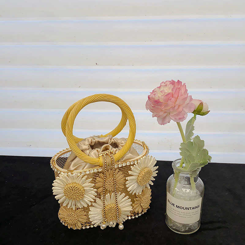 Sunflower Birdcage Handmade Hollow Shiny Rhinestone Beaded Chain Basket Bucket Handbag