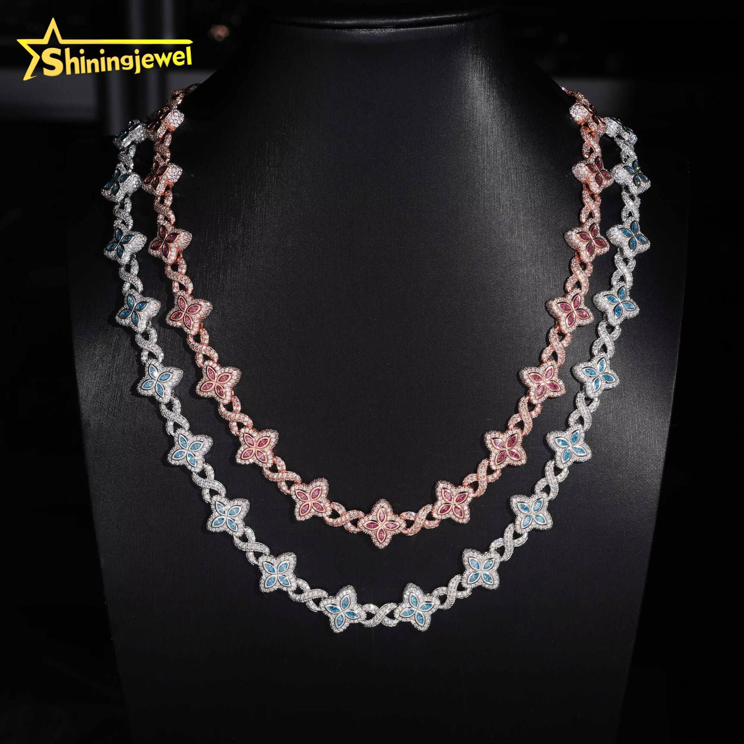 15mm Iced Out Hip Hop Jewelry Bracelet 925 Solid Silver Marquise Diamond VVS D Moissanite Cuban Link Chain Clover Necklace