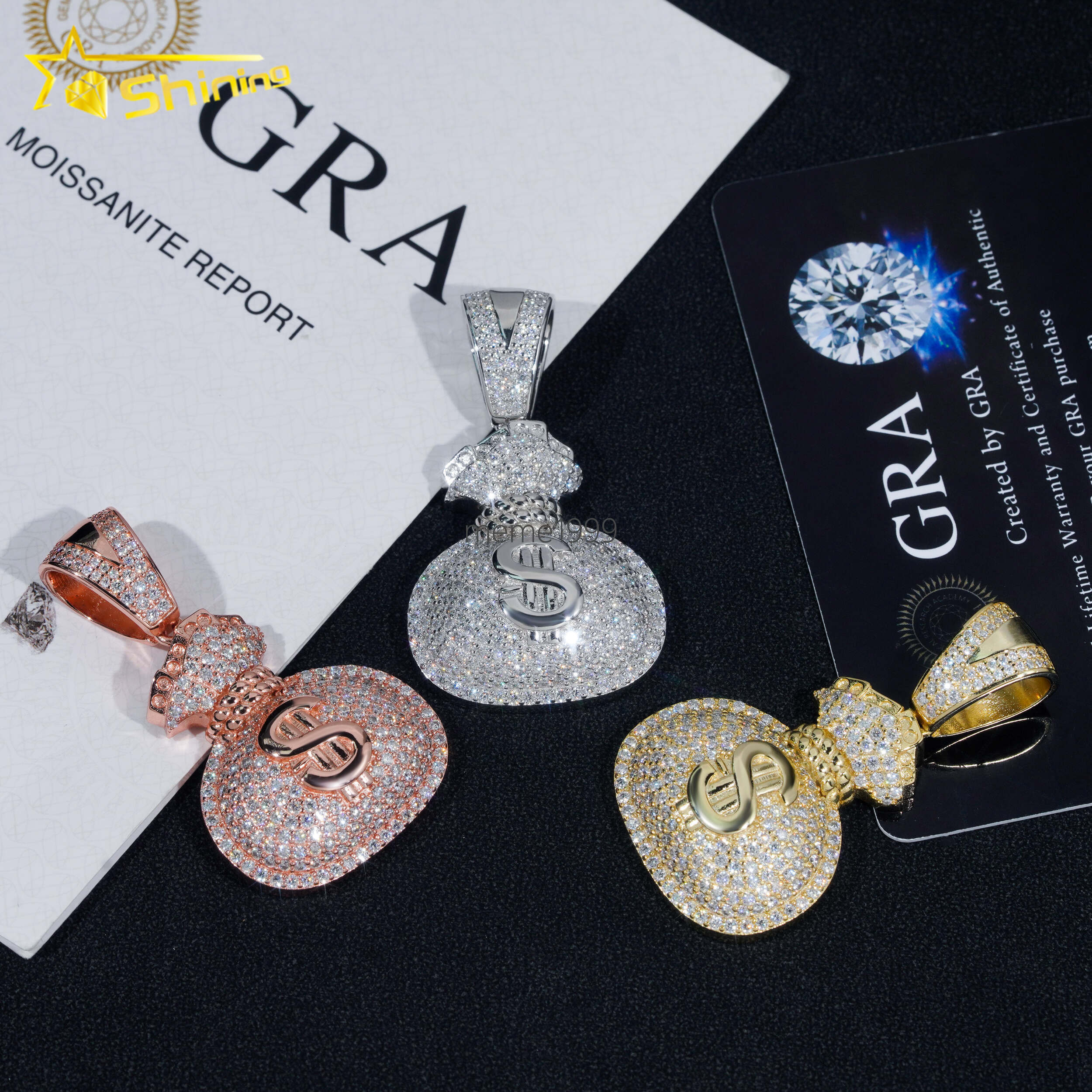 Pass Diamond Tester Fine Jewelry 925 Silver Gold Plated Diamond Iced Out Hip Hop Custom Money Bag Moissanite Pendant
