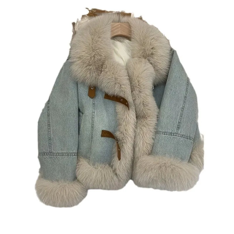 Womens Fur Collar Denim Jackets Fashion Warm Long Sleeved Plush Blue Coat Autumn Winter Retro Faux Loose Thick Overcoat 250818