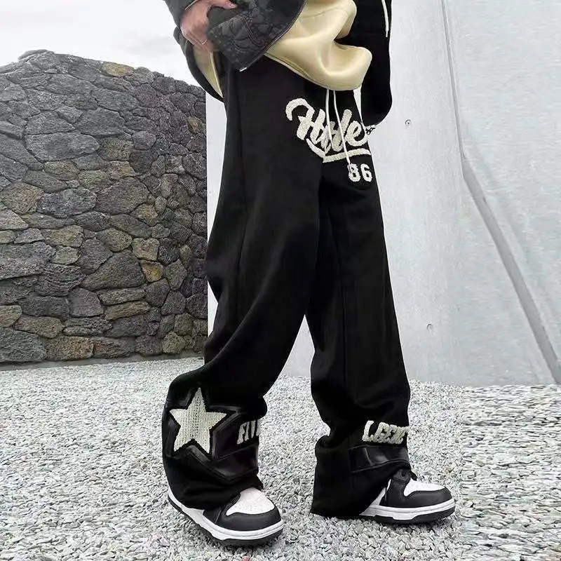 Summer Casual Pants Men Retro Fashion Straight Streetwear Drawstring Letter Hiphop Trend Loose Balck Trousers 250815