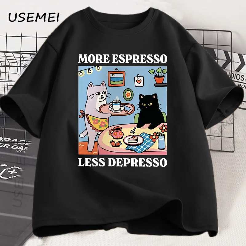 More Espresso Less Depresso Black Cat T-shirt Men Women Funny Coffee Cat T Shirt Casual Summer Cotton Short Sleeve Tshirt Tops Y250819
