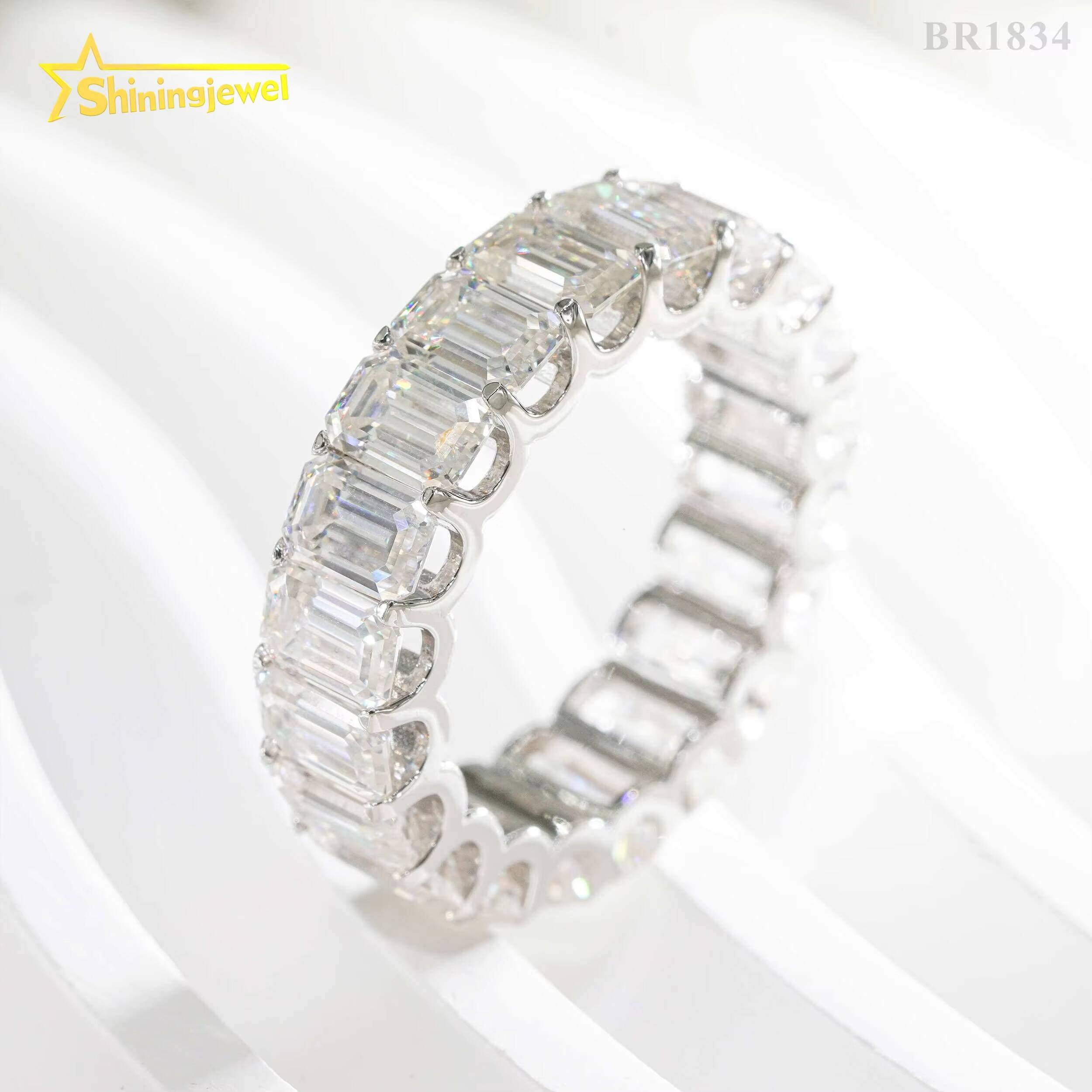 Classic Pass Tester Hip Hop Fine Jewelry 925 Sterling Silver Fully Iced Eternity Emerald Cut Band Ring Moissanite Iced Out Ring