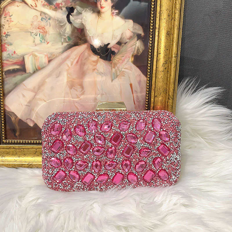Pink Sweet Socialite Shiny Diamond-Encrusted Pink Crystal Box Color Clutch Versatile Crossbody Bag Evening Bag