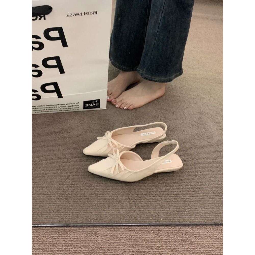 Wedge Backless Shallow Mouth Versatile Fashion Stylish Pointed Toe Ruched Bowknot Closed-Toe Sandals for Women 2025 Summer