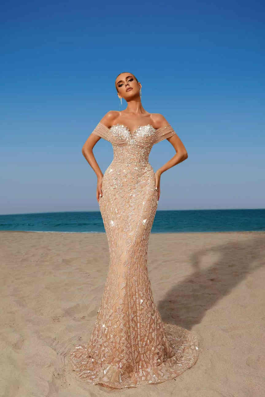 Sparky Customized Evening Dress Off Shoulder Sleeveless Mermaid Prom Party Crystal Beadeds Special Occasion Dresses