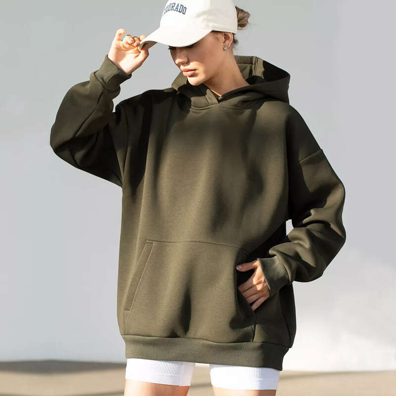 Women's Solid Color Long Sleeve Pocket Hooded Pullover Sweatshirt Loose Casual Sports Shirt