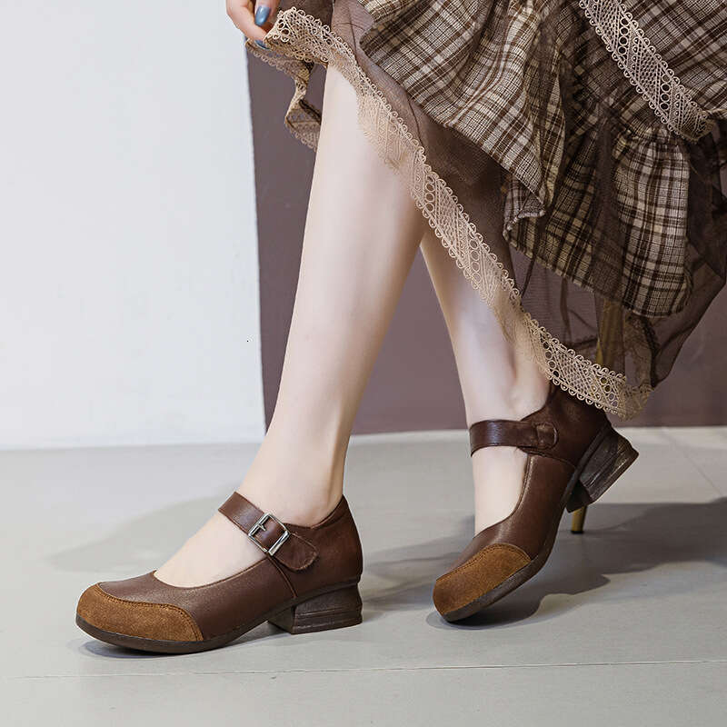 Cute Patchwork French Round Toe Breathable One-Strap Mom Women's Top Layer Cowhide Versatile Leather Shoes