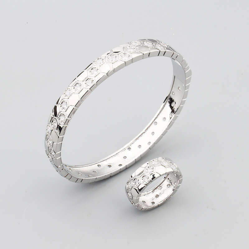 Japanese Korean Style Simple Honeycomb Hexagon Polka Dot Inlaid Dia Ring Fresh and Elegant Unisex Temperament Bracelet