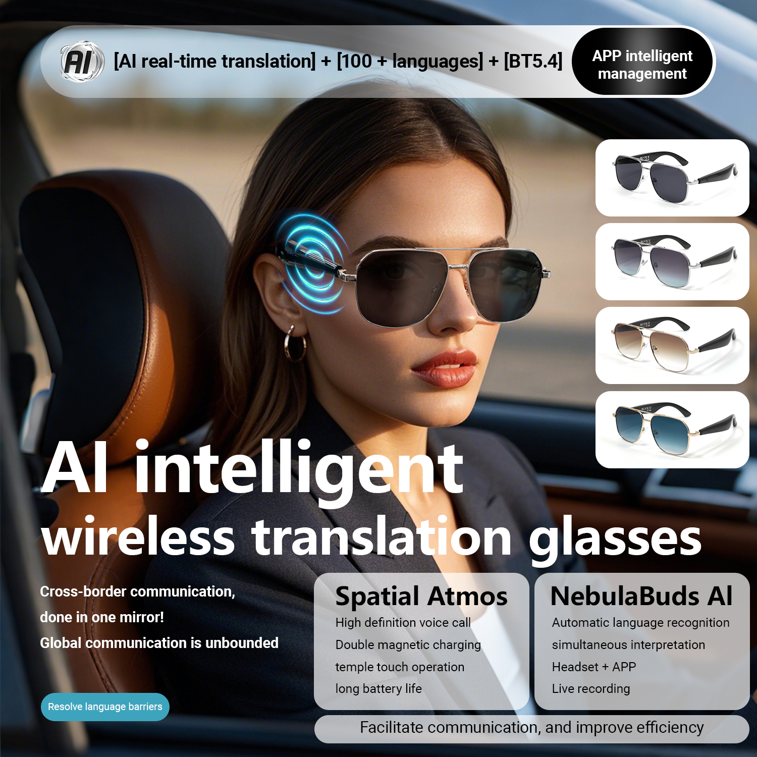 Smart WirelessTranslation Glasses Retro Square Metal Framed Sunglasses with UV Protection Stylish Eye Wear for Any Outfit