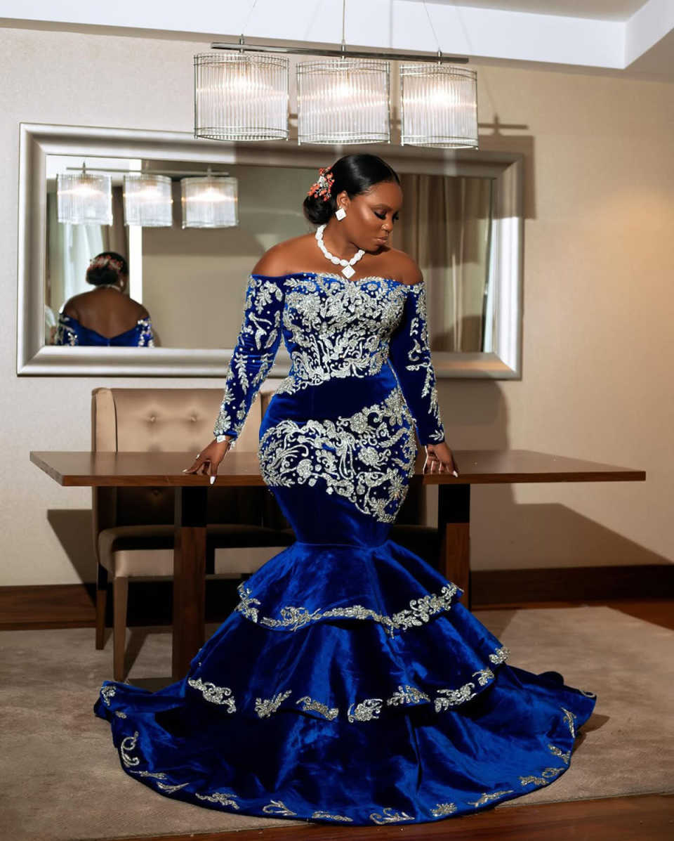 Customized Velvet Royal Prom Dress Long Sleeve Crystal Tiered Beaded Mermaid Formal Evening Gown Occasion